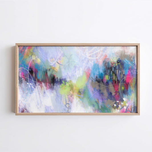 Hand-drawn contemporary abstract expressionist textured painting in colorful moody tones, 4K TV art