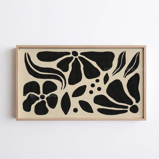 Black Beige Abstract Floral 4K TV Art | Boho Botanical Art for TV Screen