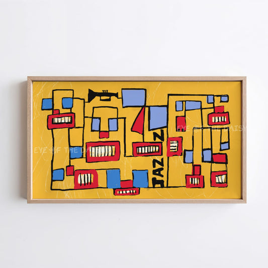 Mustard Red Blue Mid Century Modern 4K TV Art | Jazz Vibrant Line Art for TV Screen 4K