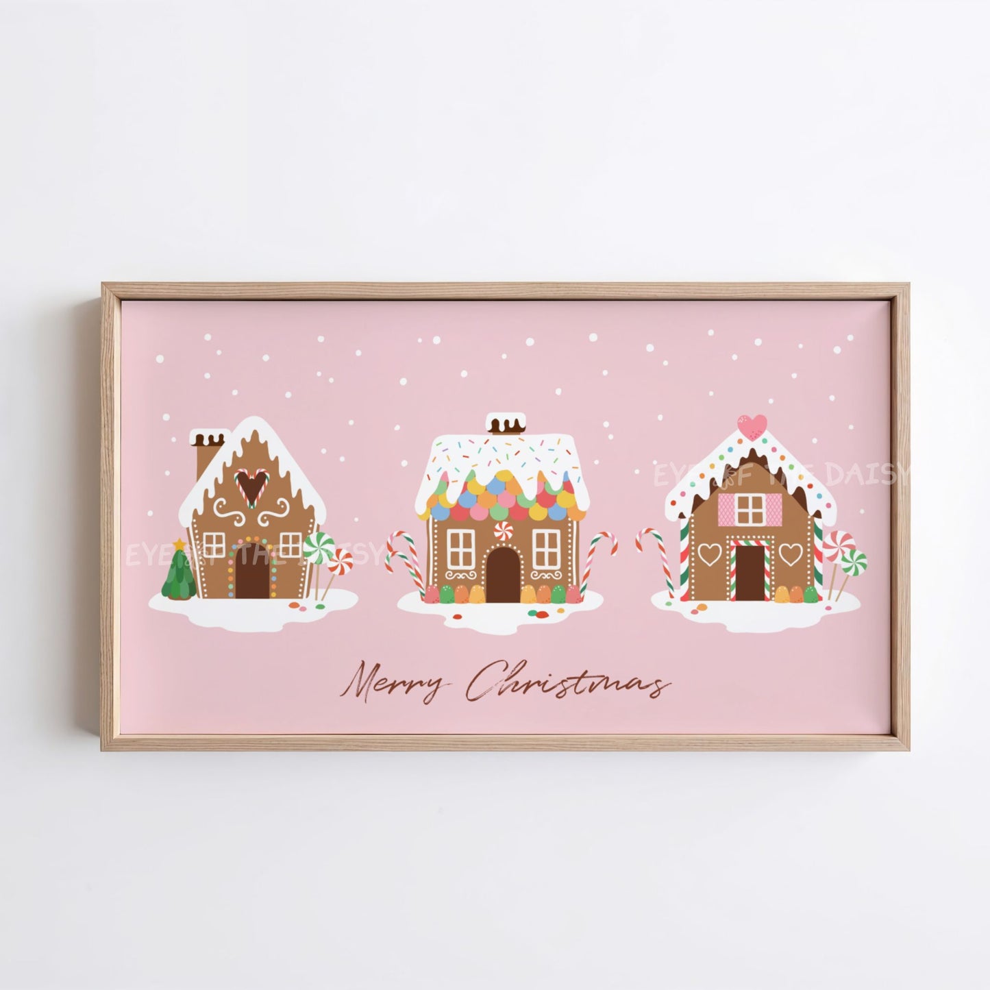 Pastel Pink Christmas Phrase 4K TV Art | Holiday Gingerbread Houses 4K Art for TV Screen