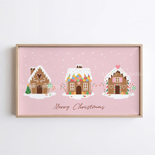 Pastel Pink Christmas Phrase 4K TV Art | Holiday Gingerbread Houses 4K Art for TV Screen