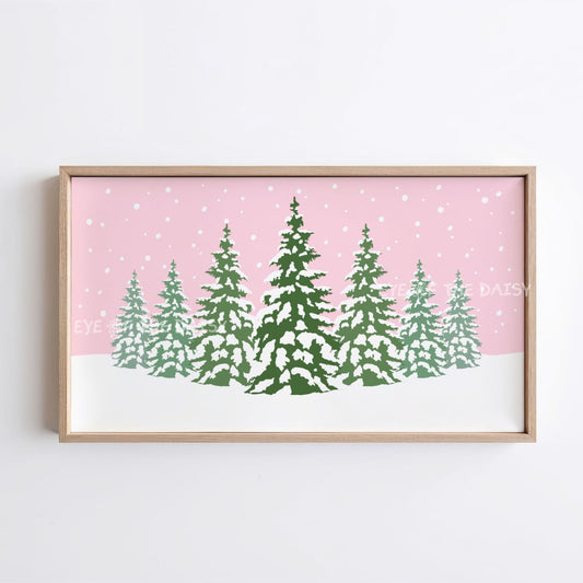 Pink Christmas Trees 4K TV Art | Cute Pink Holiday Snowy Landscape TV Artwork 4K
