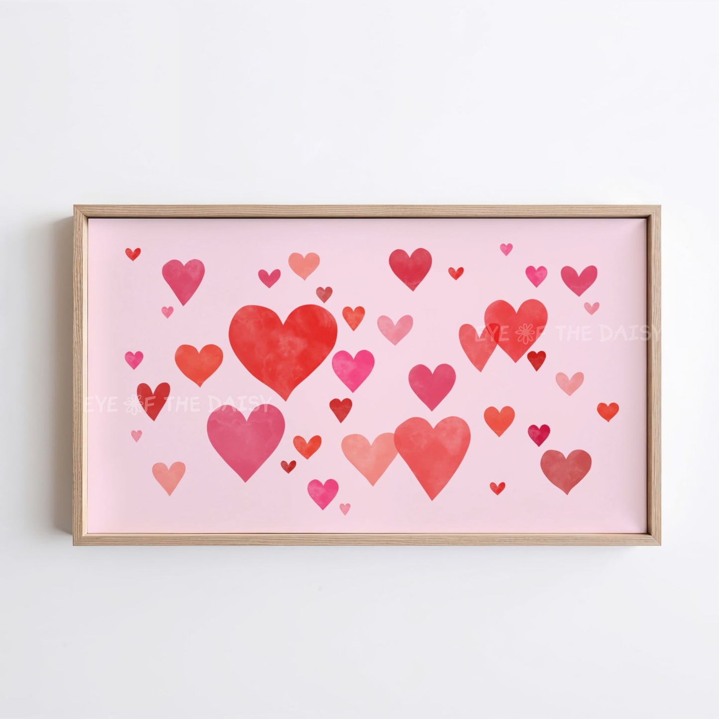 Valentine’s Day 4K TV art digital download, red and pink watercolor hearts on pale pink, romantic TV screen decor