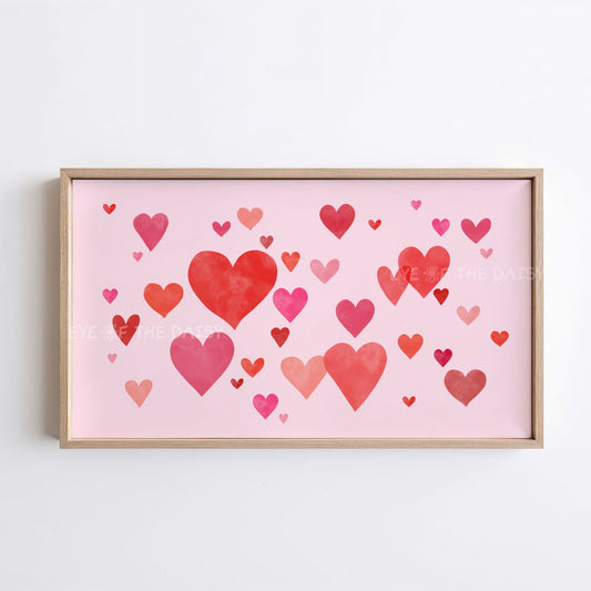 Valentine’s Day 4K TV art digital download, red and pink watercolor hearts on pale pink, romantic TV screen decor