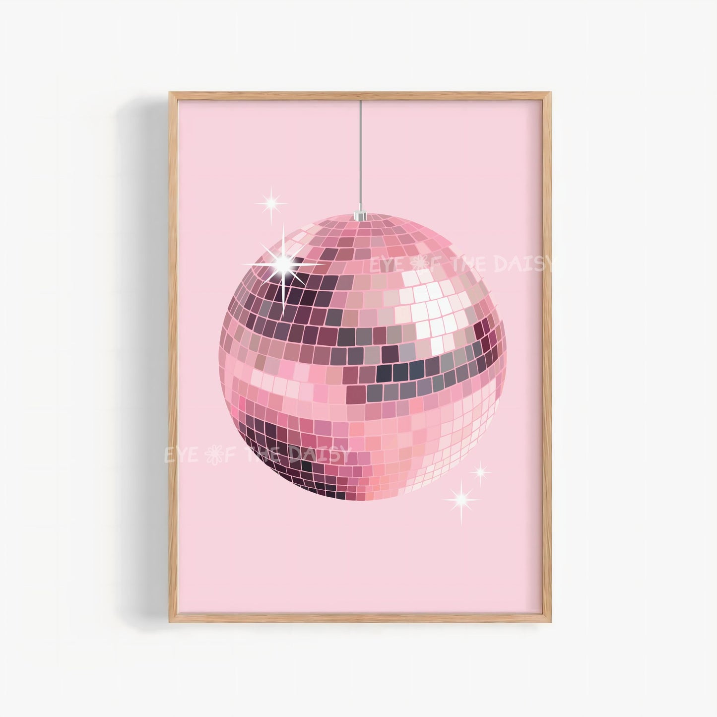 Disco ball art print – hand-drawn pastel pink mirror ball on light pink, digital download wall decor for girl’s bedroom or dorm