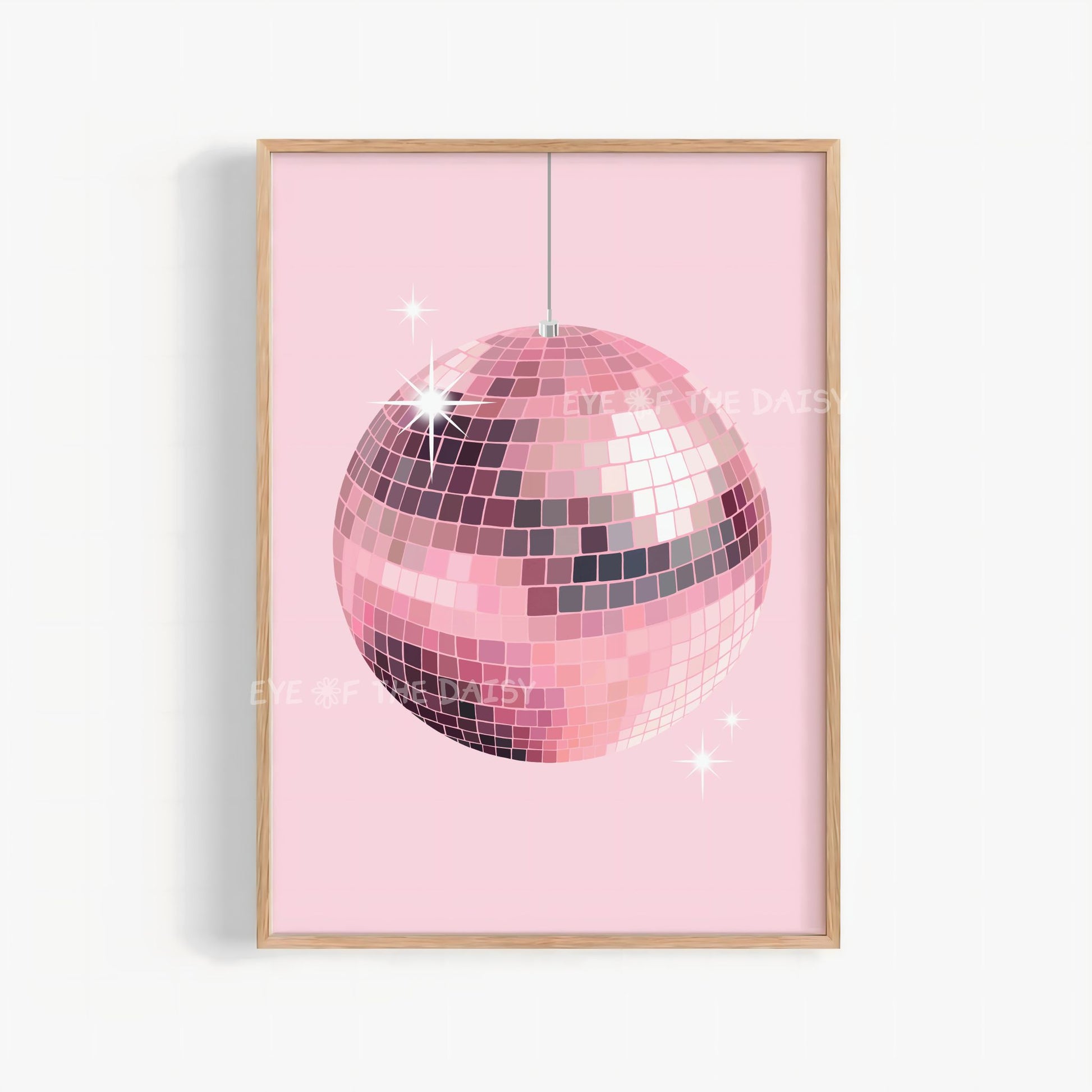 Disco ball art print – hand-drawn pastel pink mirror ball on light pink, digital download wall decor for girl’s bedroom or dorm