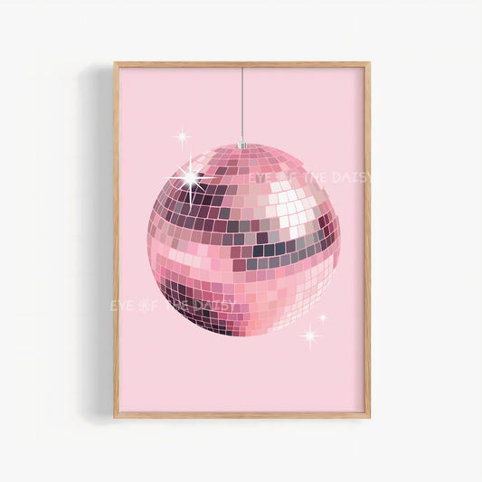 Disco ball art print – hand-drawn pastel pink mirror ball on light pink, digital download wall decor for girl’s bedroom or dorm