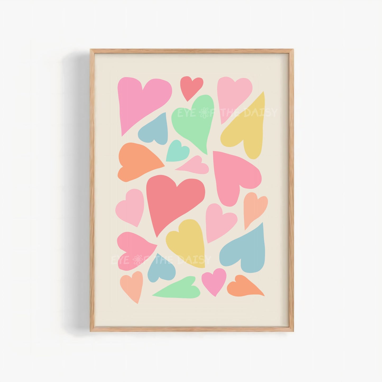 Pastel abstract hearts wall art, playful multi-colored print for dopamine decor and modern interiors