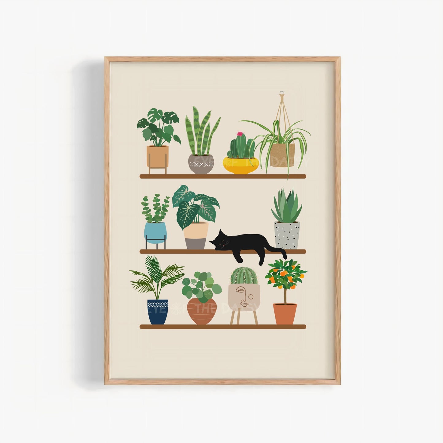 Sleeping black cat print with house plants in pots on a shelf illustration on a beige, great gift for plant or cat lovers