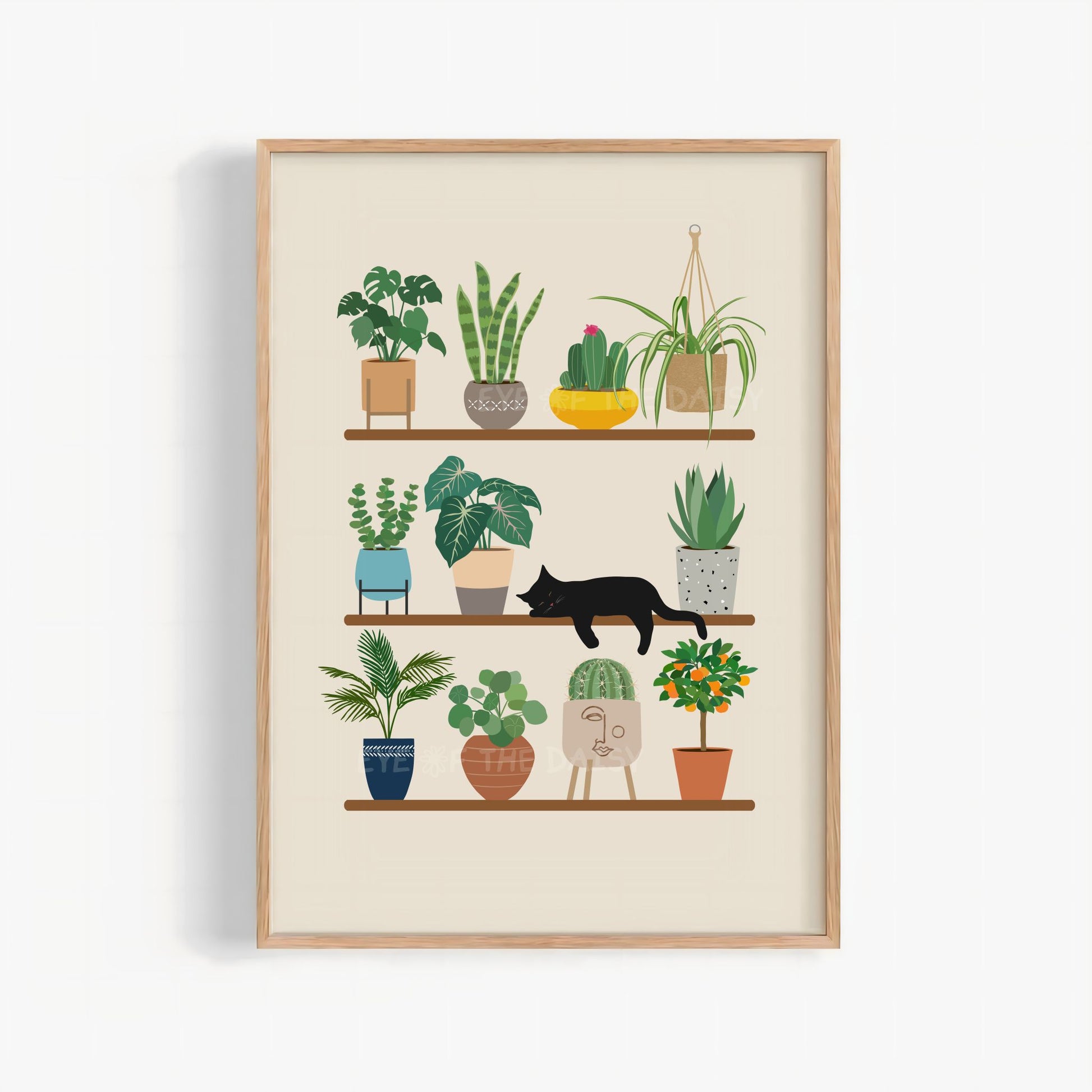 Sleeping black cat print with house plants in pots on a shelf illustration on a beige, great gift for plant or cat lovers