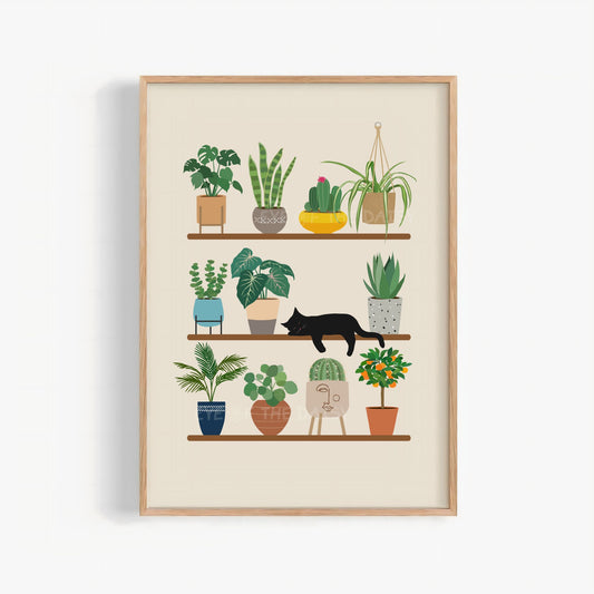 Sleeping black cat print with house plants in pots on a shelf illustration on a beige, great gift for plant or cat lovers