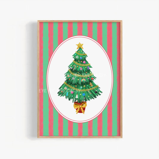Striped Christmas Tree Print Digital Download | Vintage Holiday Printable Wall Art