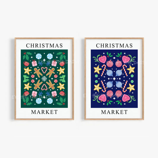 Christmas Market Digital Print Set of 2 | Nordic Folk Art Holiday Printable Wall Art Set