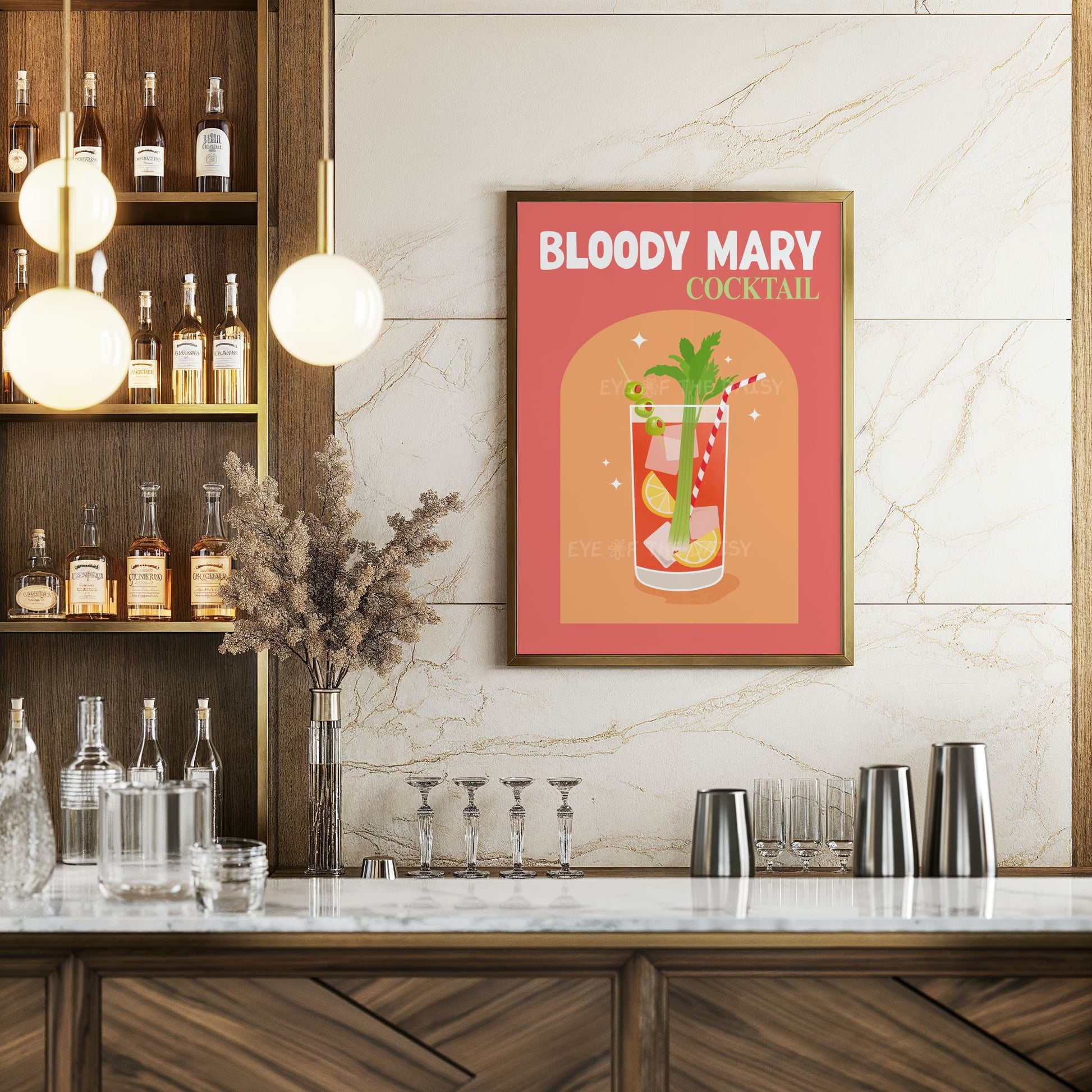Retro cocktail wall art – colourful Bloody Mary print download, perfect for home bar or drinks corner decor