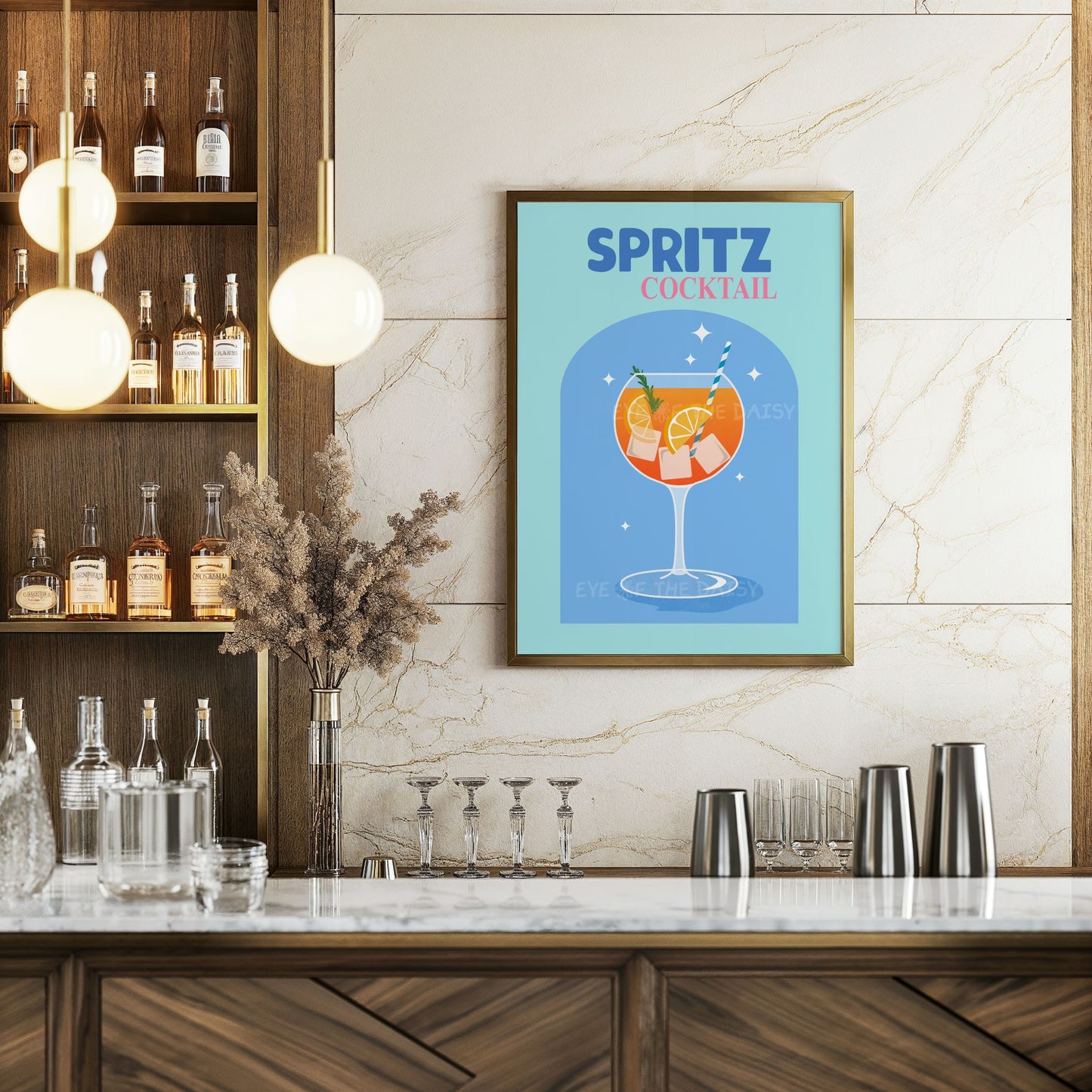 Modern Italian Spritz print, bold cocktail wall art in orange and blue tones for trendy bar cart or home bar digital download decor