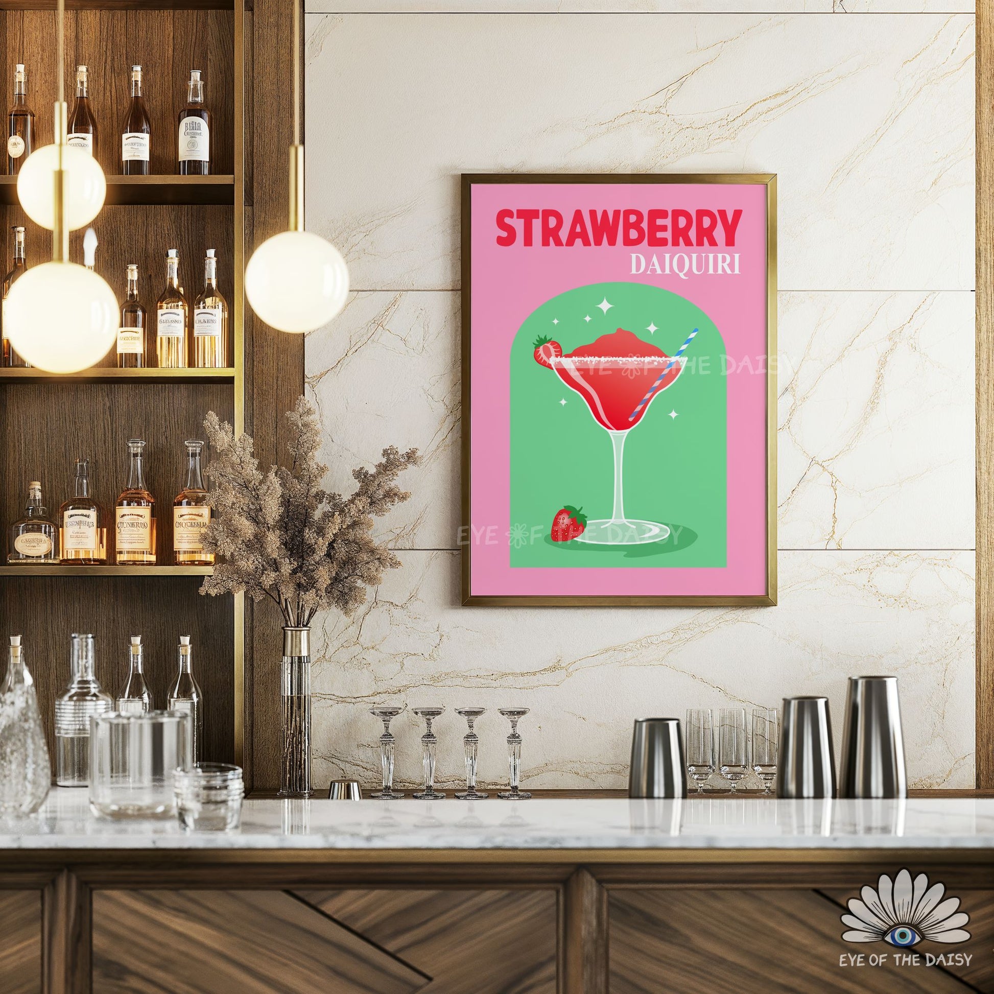 vibrant Strawberry Daiquiri drink print pink and green retro style artwork for trendy bar cart decor