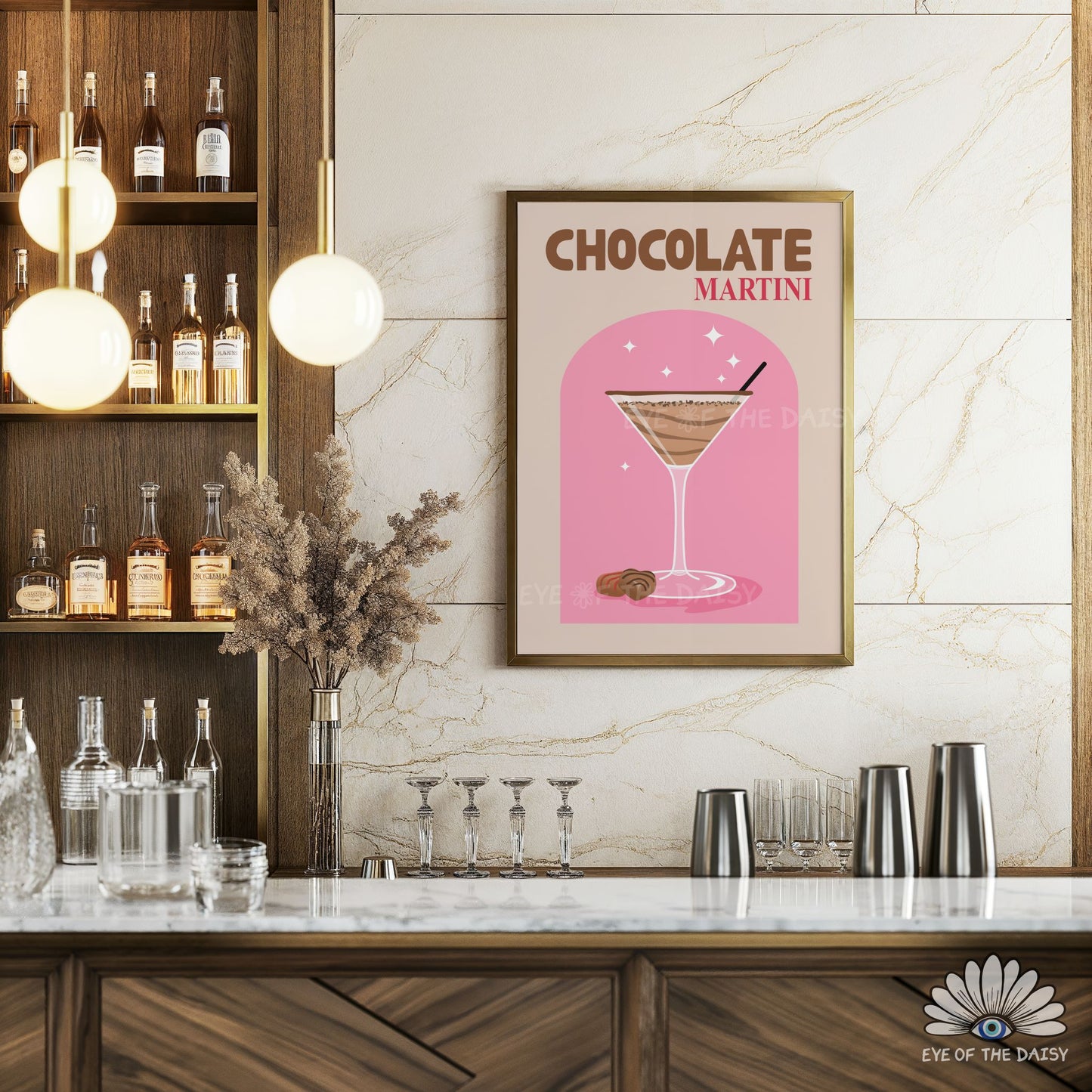Funky cocktail printable wall art featuring a Chocolate Martini, trendy decor for Valentine’s Day or Galentine’s Day party