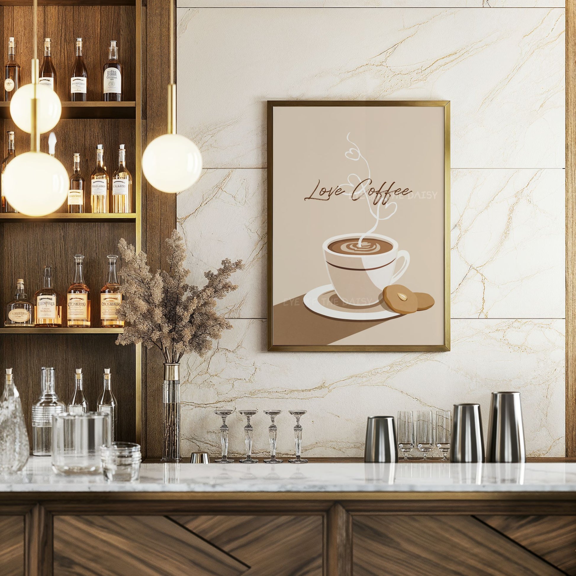 Boho coffee printable wall art with coffee cup and cookie illustration and heart steam, great coffee station wall decor