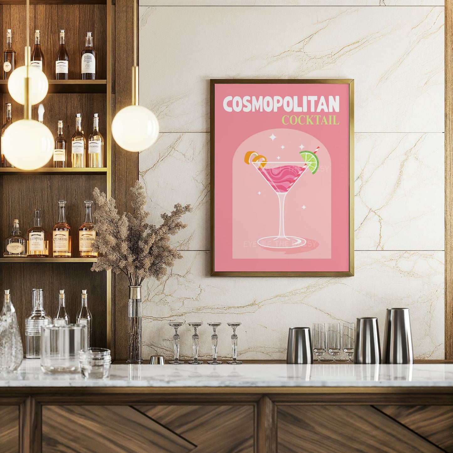 Cosmopolitan cocktail printable wall art – pink girly drink wall art for bar area or gallery wall, retro downloadable art for home bar