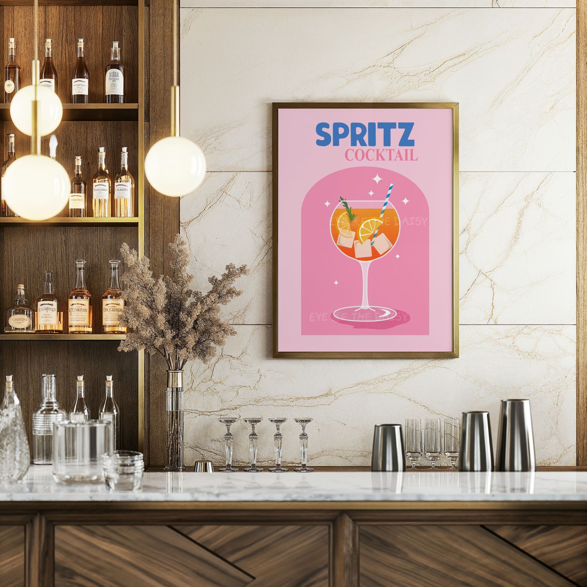 Printable retro pink orange Spritz cocktail print for bar cart or home bar, digital download wall art perfect for trendy drink lovers