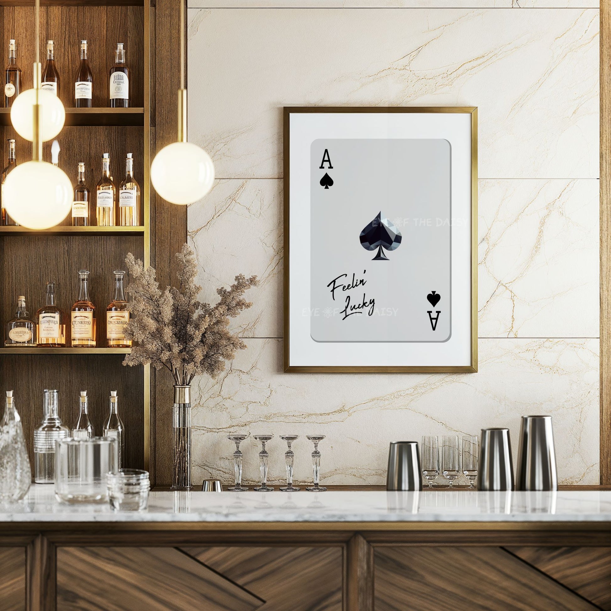 Ace of Spades printable poster, bar cart decor with Feeling Lucky positivity print vibe, downloadable art for home bar wall