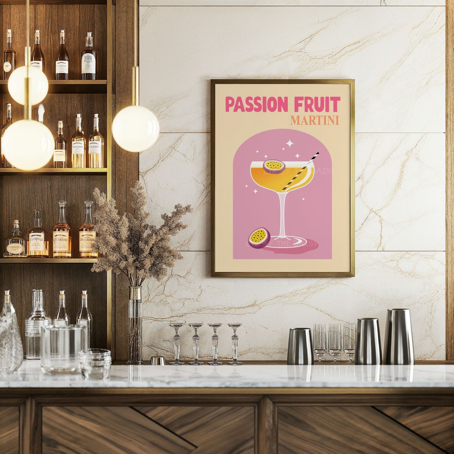 Colourful retro "Passion Fruit Martini" cocktail printable wall art with text in a home bar, great gift for cocktail lovers