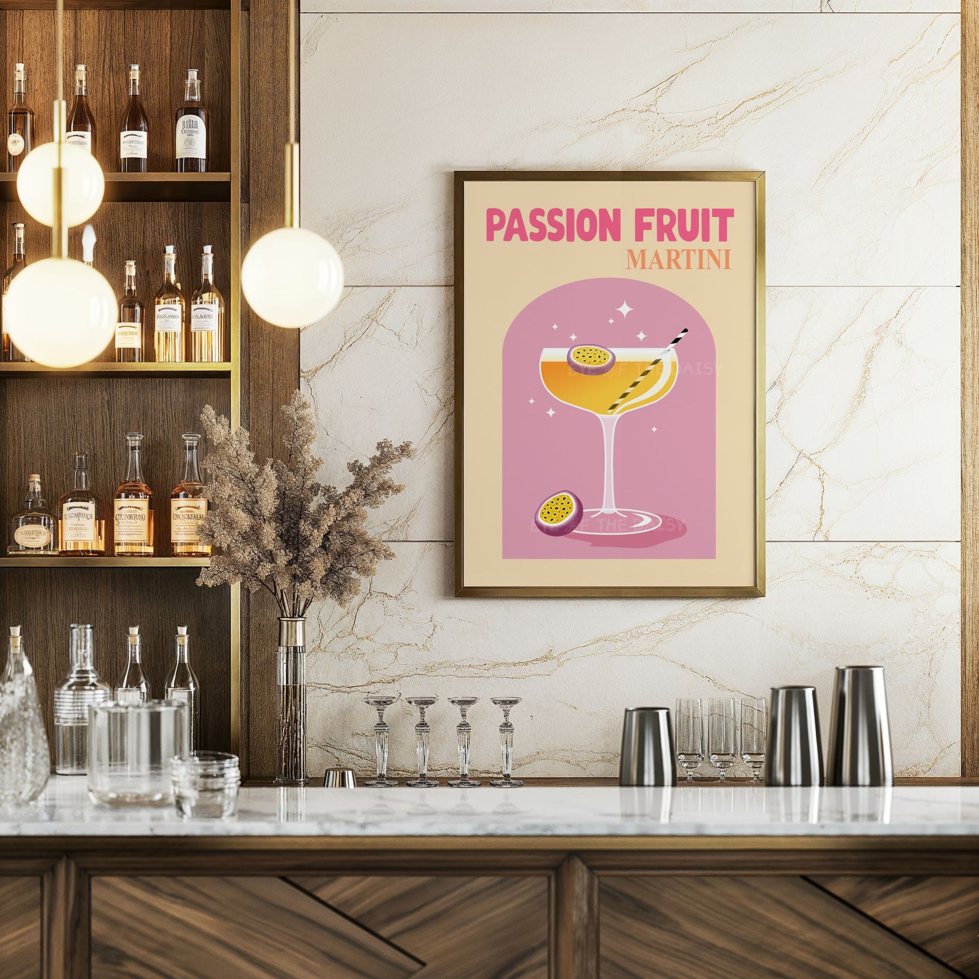 Colourful retro "Passion Fruit Martini" cocktail printable wall art with text in a home bar, great gift for cocktail lovers