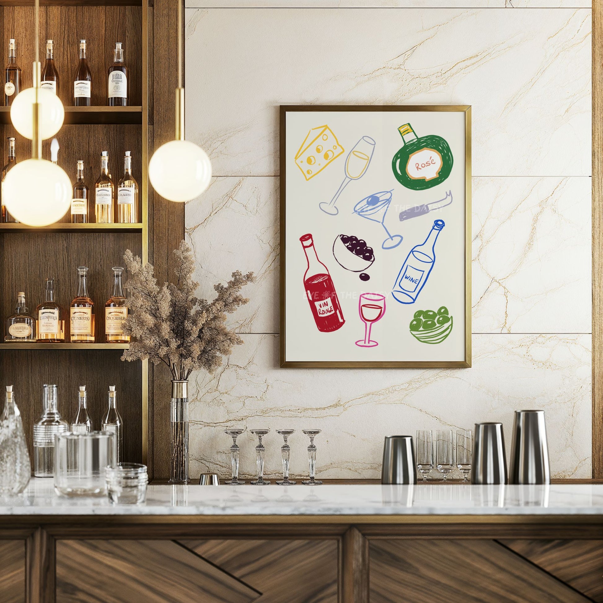 Modern bar cart decor printable – digital download poster with funky drinks and food, ideal for contemporary spaces