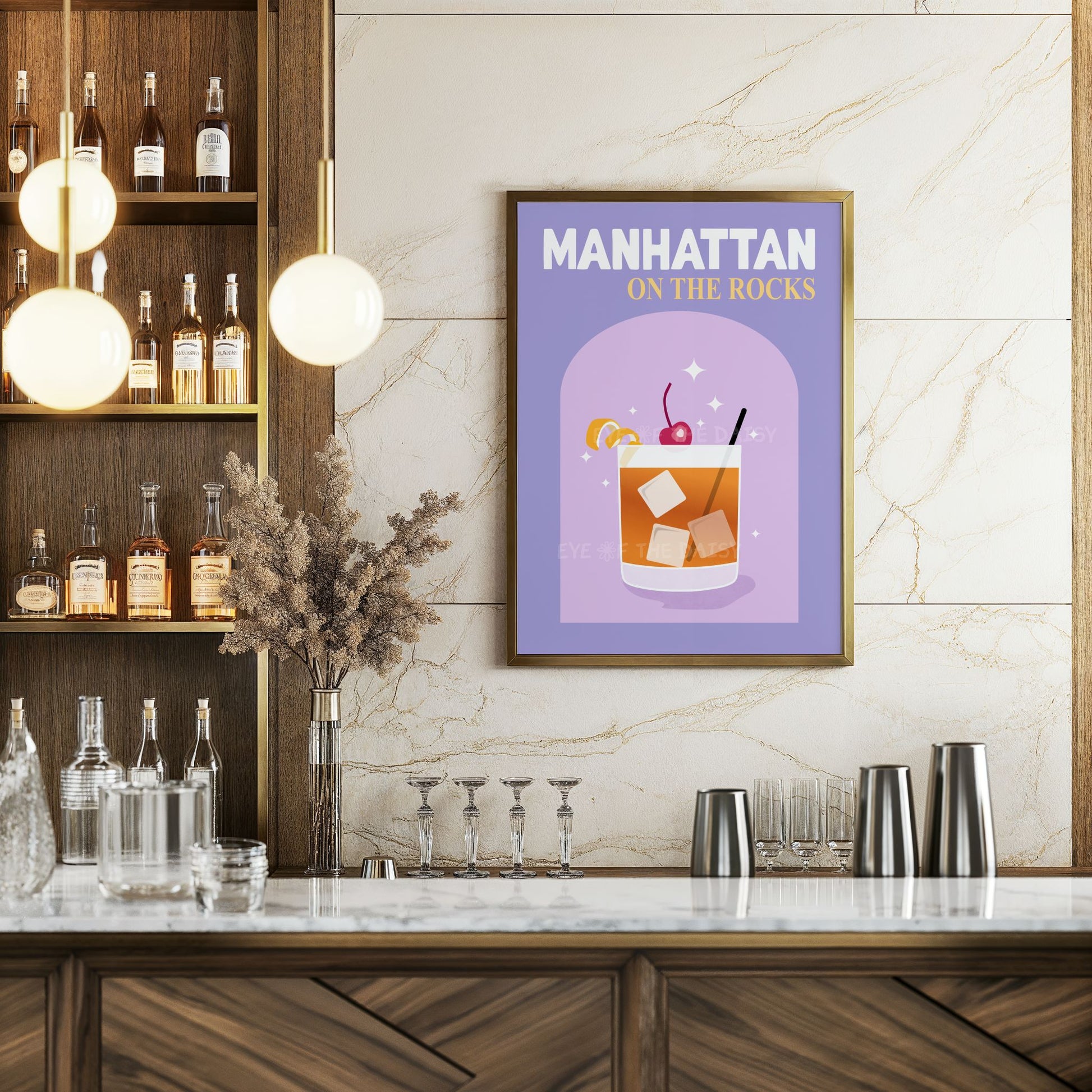 Manhattan cocktail printable poster – retro cocktail downloadable art for home bar decor, instant download and DIY wall print