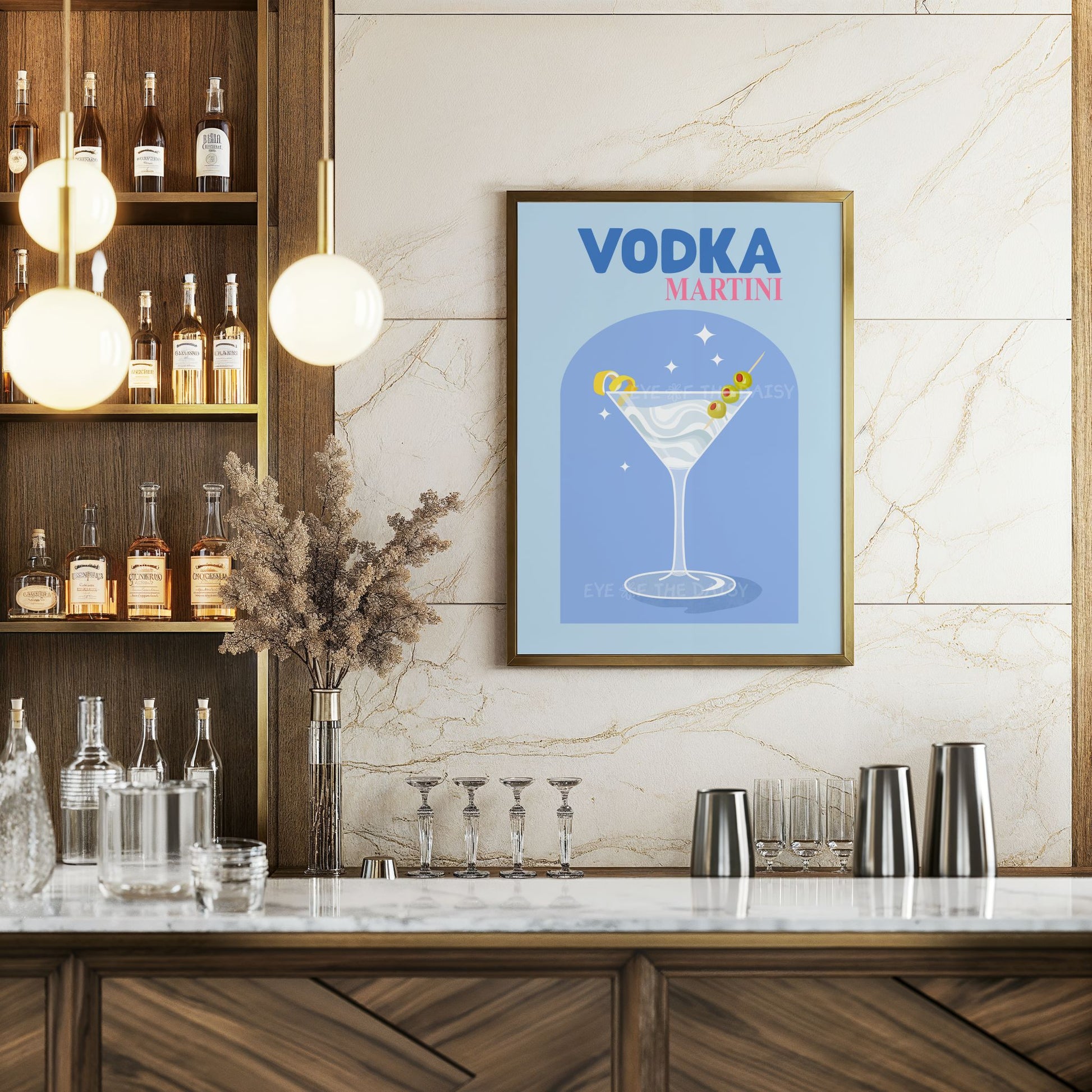 Vodka Martini drink print — retro cocktail print in blue for home bar wall decor or dinner party printable