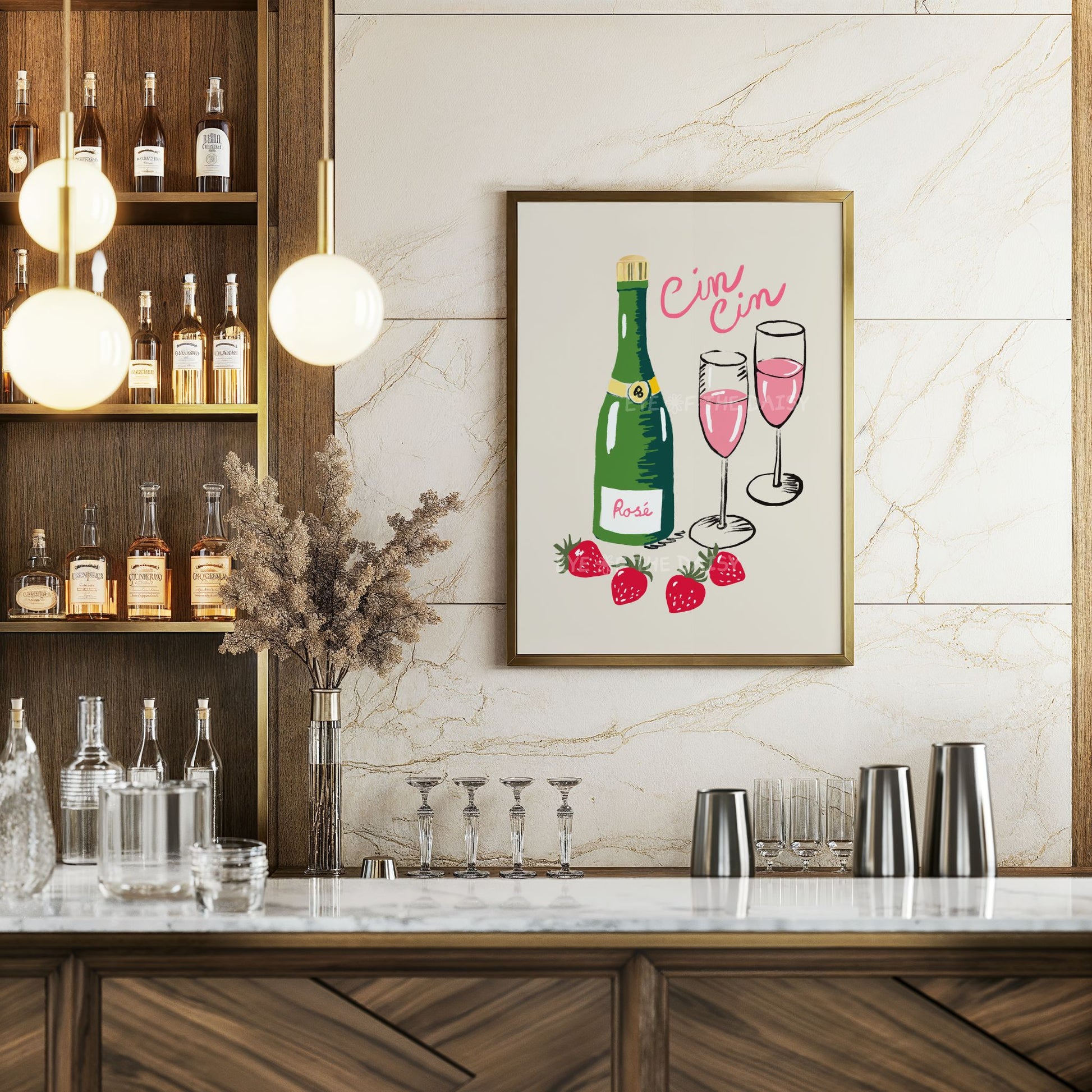 Trendy bar area with a Cin Cin art print of a colourful sketch of a wine bottle and wine glasses on the wall
