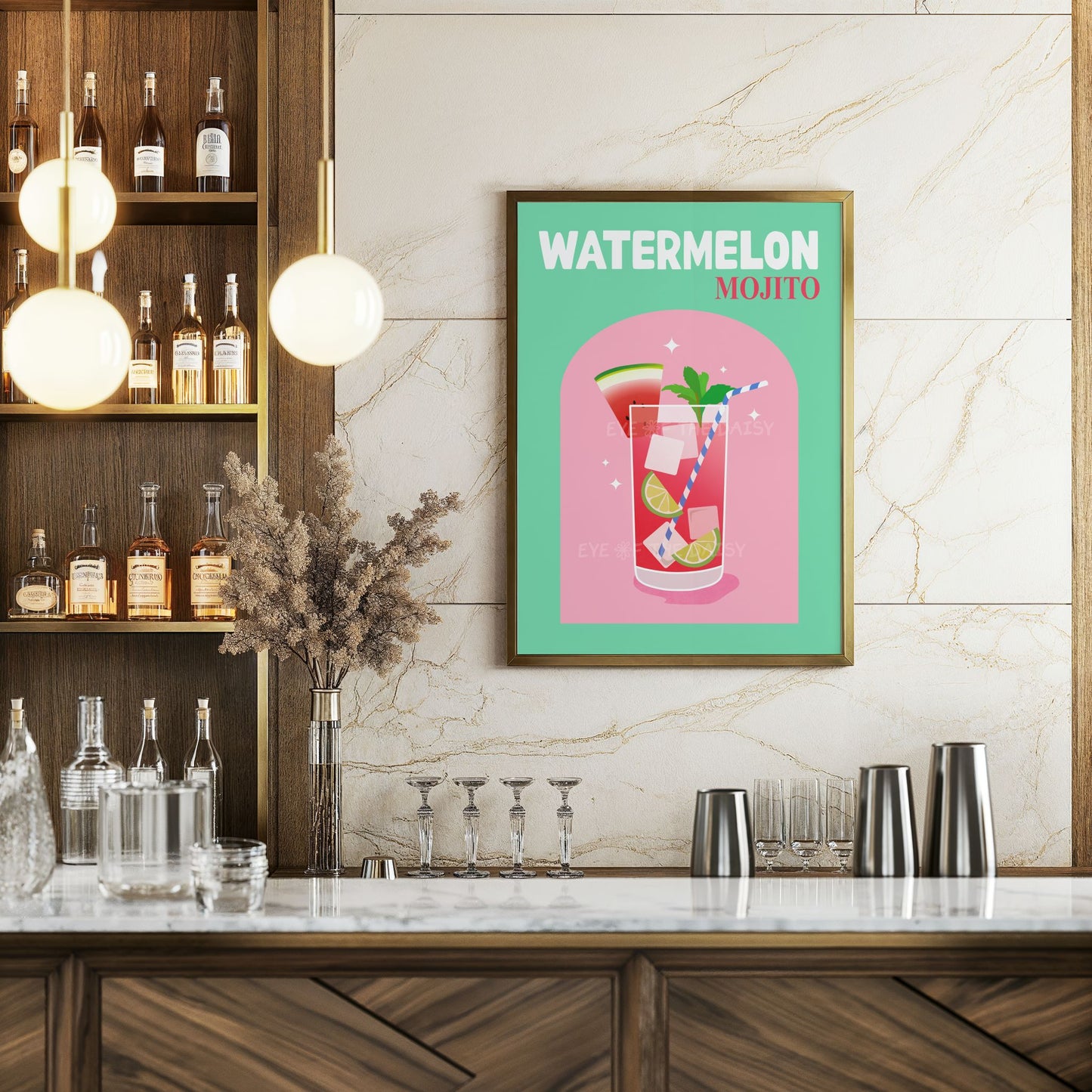 Funky Watermelon Mojito wall art in pink and turquoise, dopamine decor printable drink print for retro or boho bar cart display