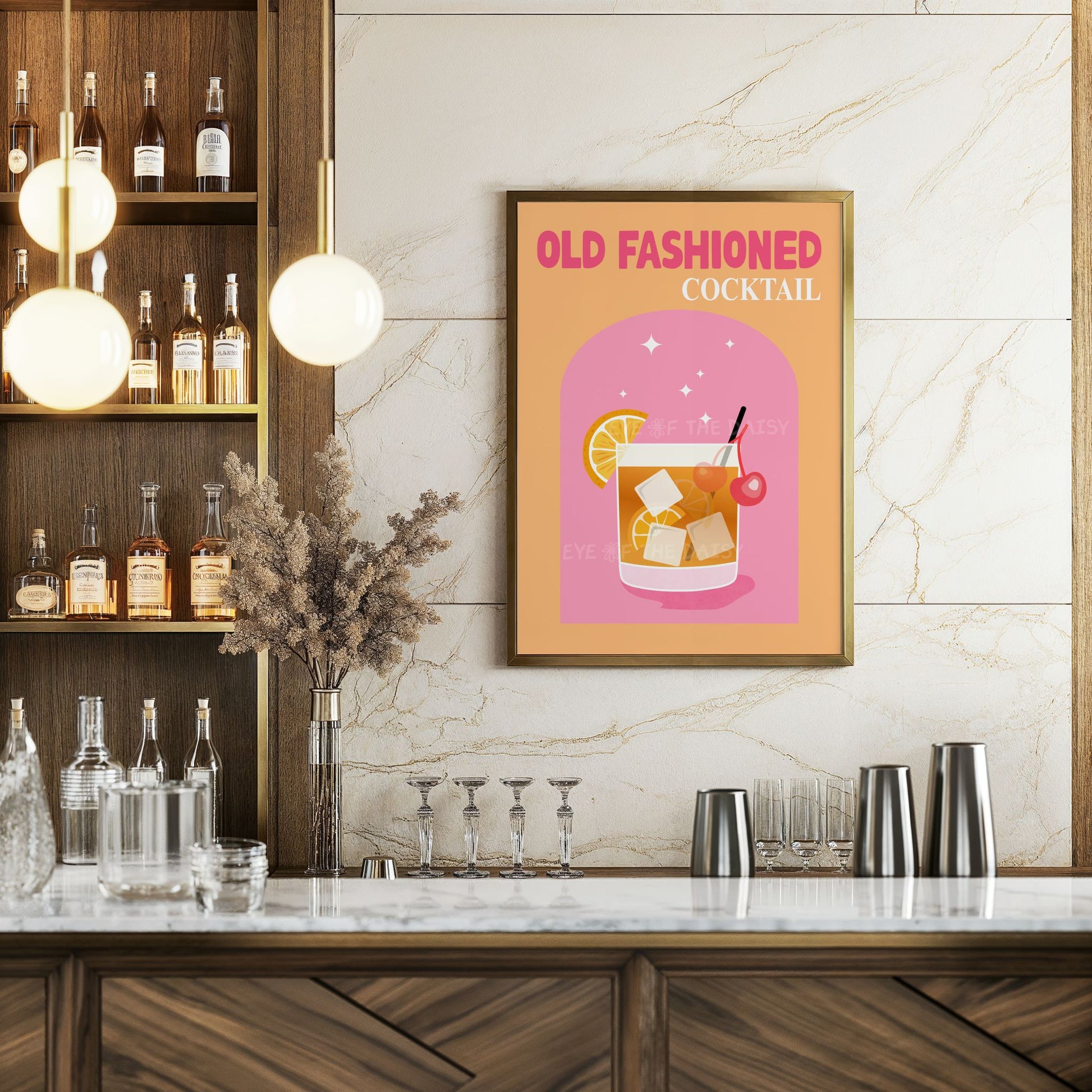 "Old Fashioned" cocktail home bar cart wall art in trendy vibrant colours