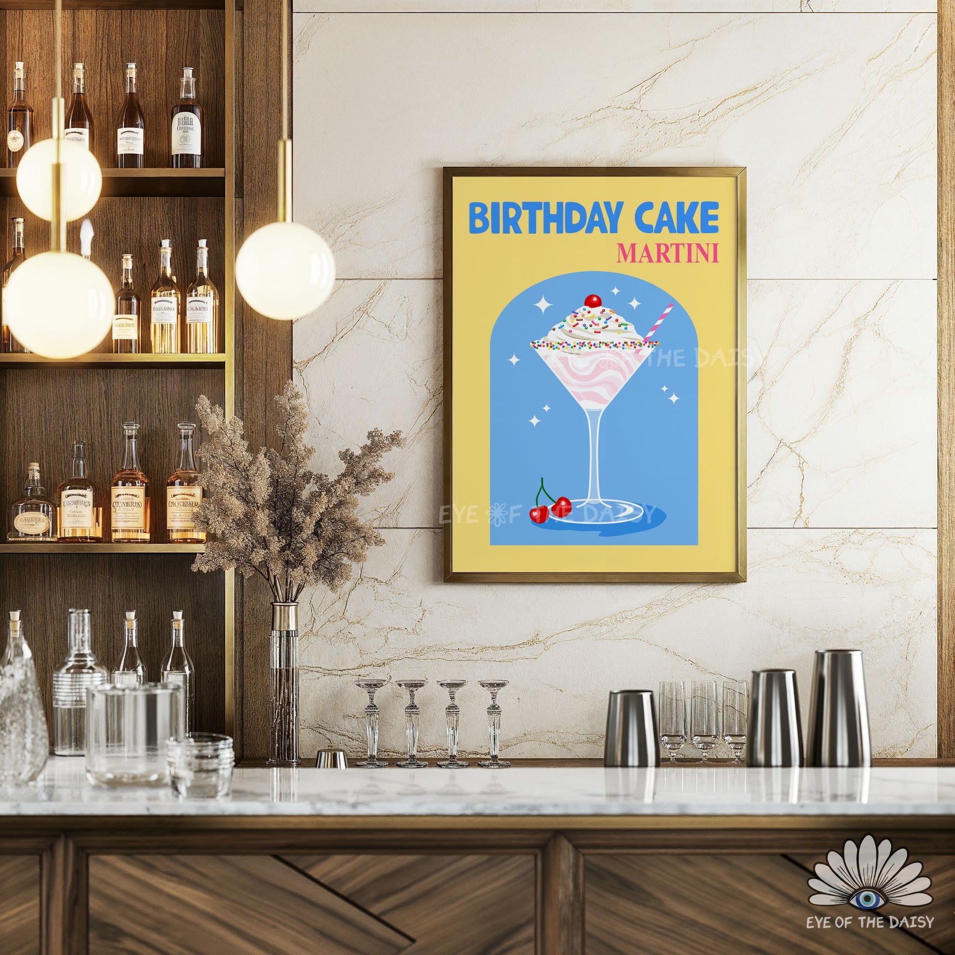 colourful Birthday Cake Martini cocktail wall art retro drink printable for college room or home bar