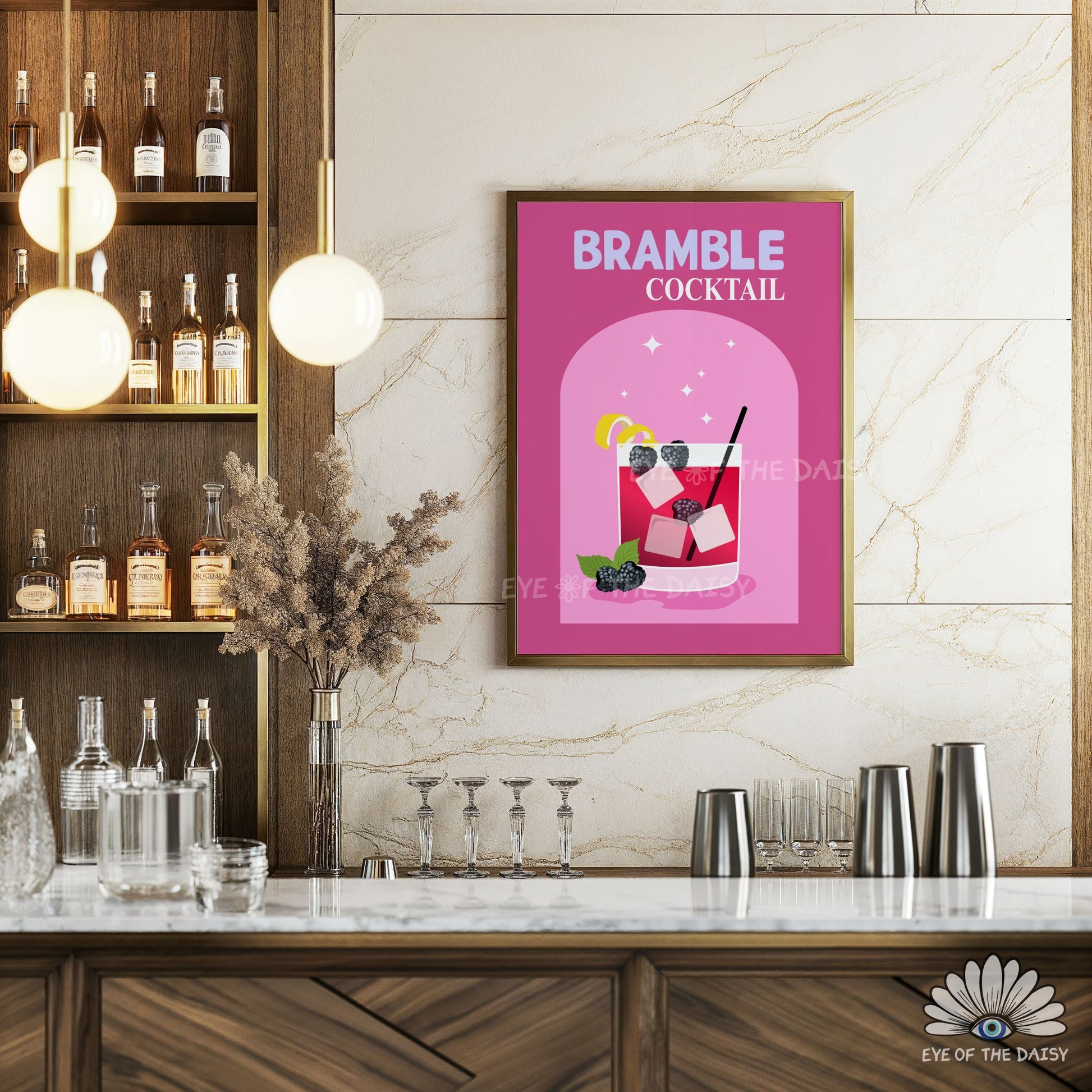 pink retro cocktail wall art Bramble gin digital print for home bar or kitchen gallery wall