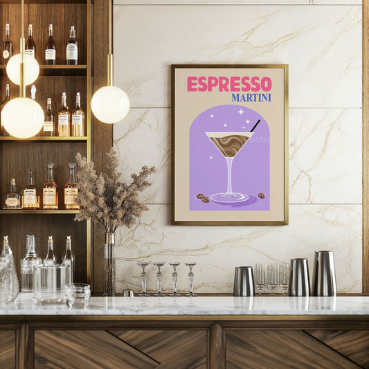 Printable Espresso Martini wall art, elegant alcohol drink print for trendy home bar or contemporary cocktail nook