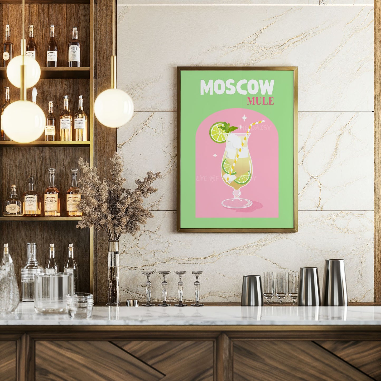 Moscow Mule cocktail printable wall art – vibrant retro drink print download, great for home bar decor or entertaining spaces