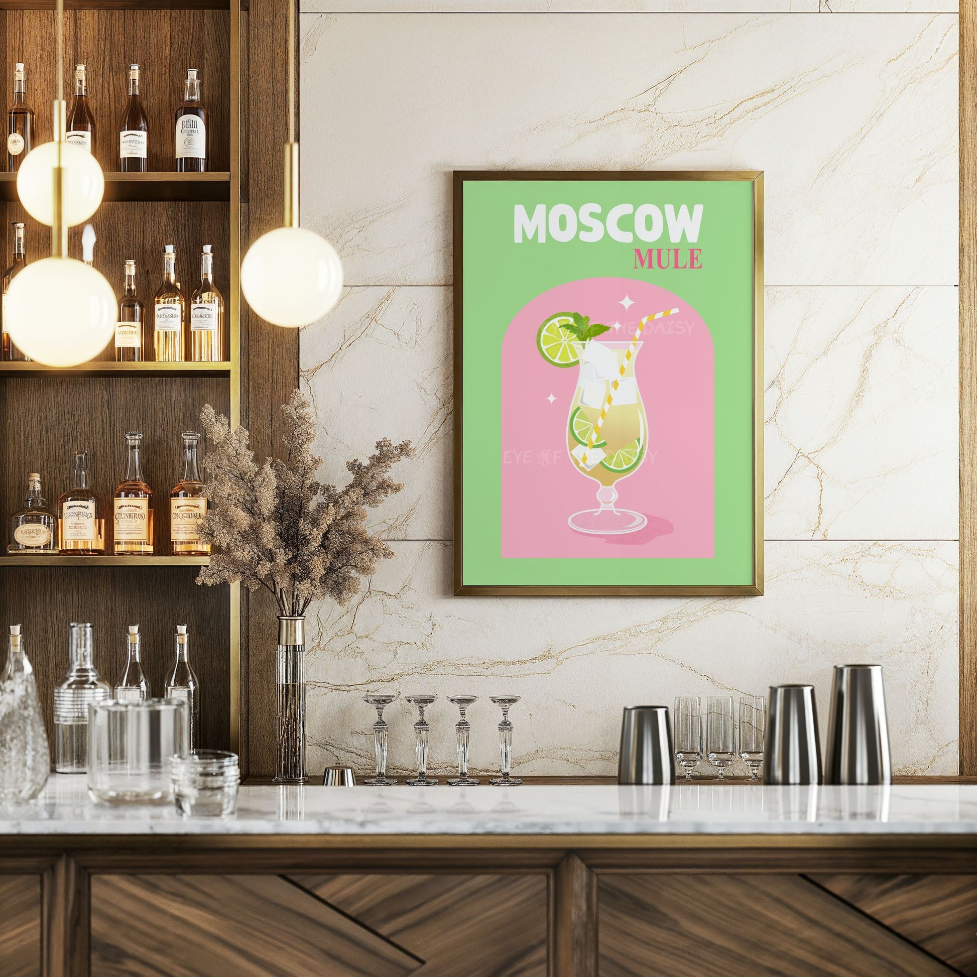 Moscow Mule cocktail printable wall art – vibrant retro drink print download, great for home bar decor or entertaining spaces
