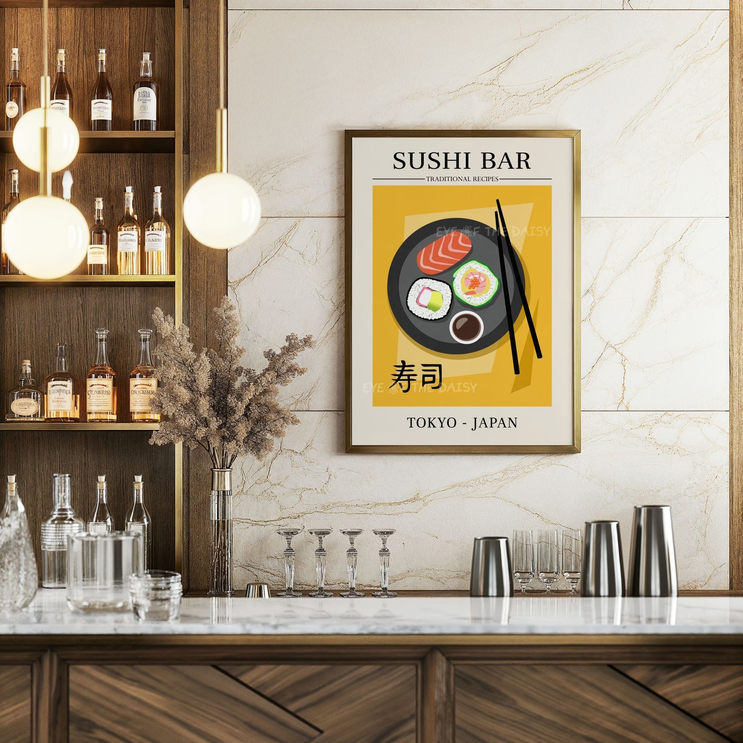 Colorful sushi food wall art, modern digital download in poster style for vibrant living room or foodie wall decor