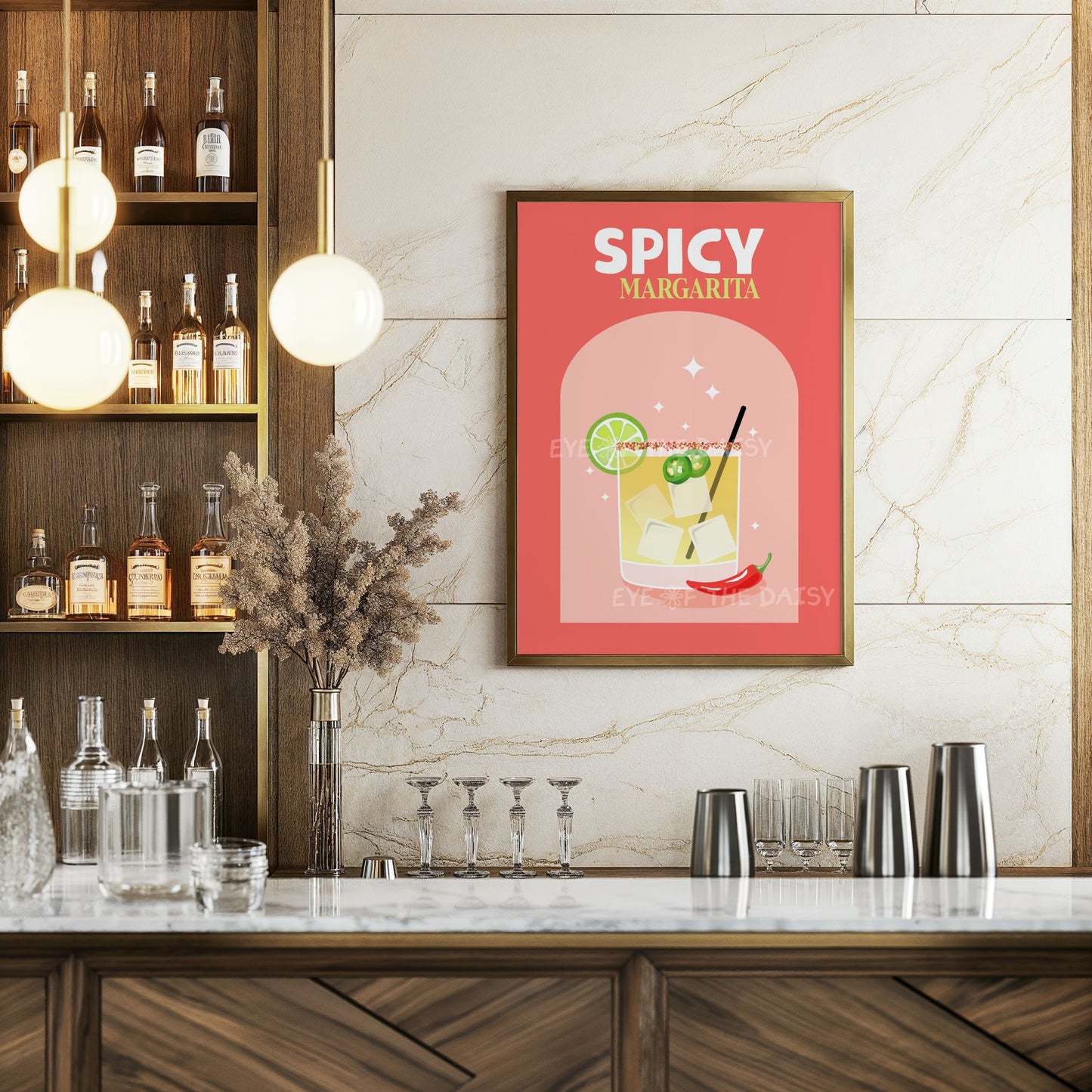Home bar area with a trendy retro 'Spicy Margarita' poster on the wall, perfect bar cart printable wall decor download