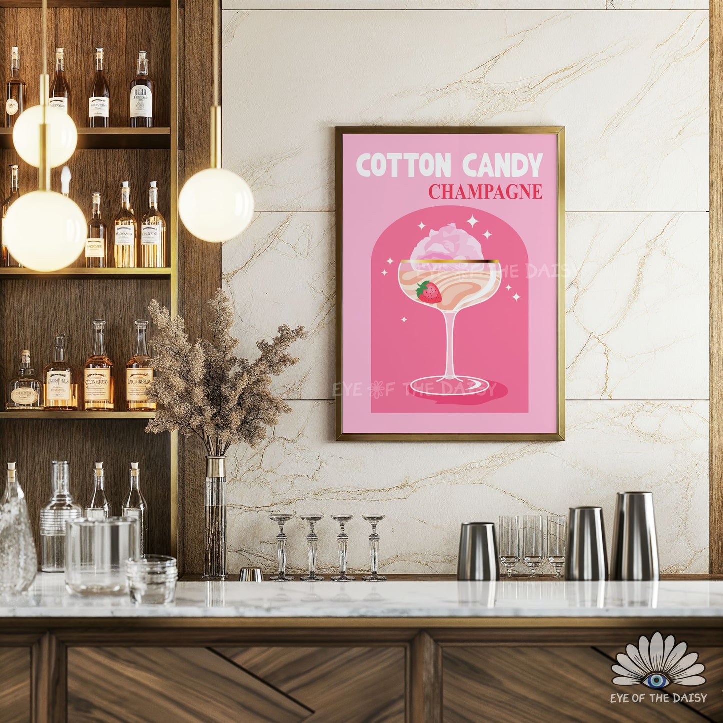 vibrant Cotton Candy Champagne drink print pink retro style artwork for trendy bar cart decor
