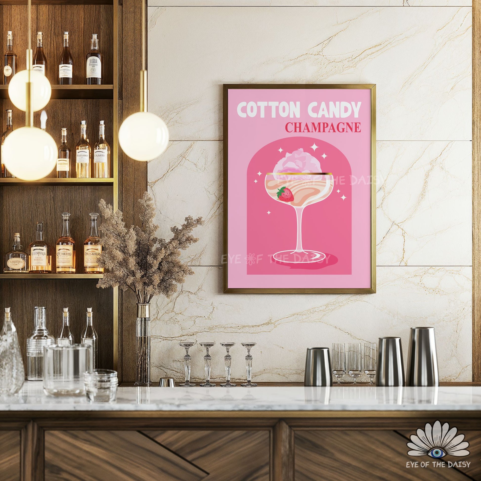 vibrant Cotton Candy Champagne drink print pink retro style artwork for trendy bar cart decor