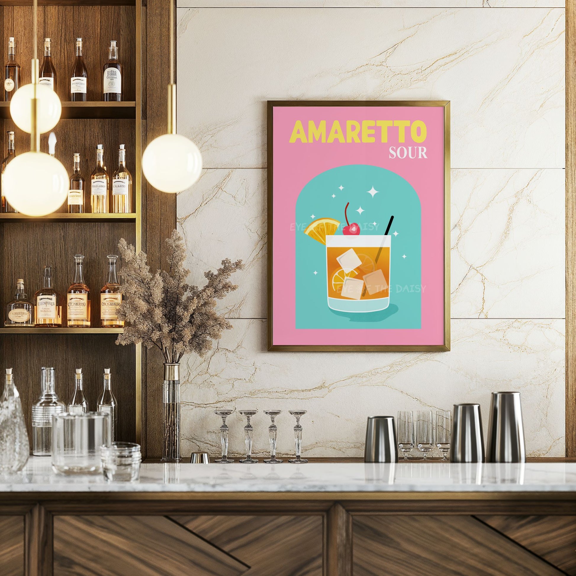 Retro Amaretto Sour cocktail poster, colorful funky wall print perfect for bold bar cart styling or eclectic home bar gallery wall