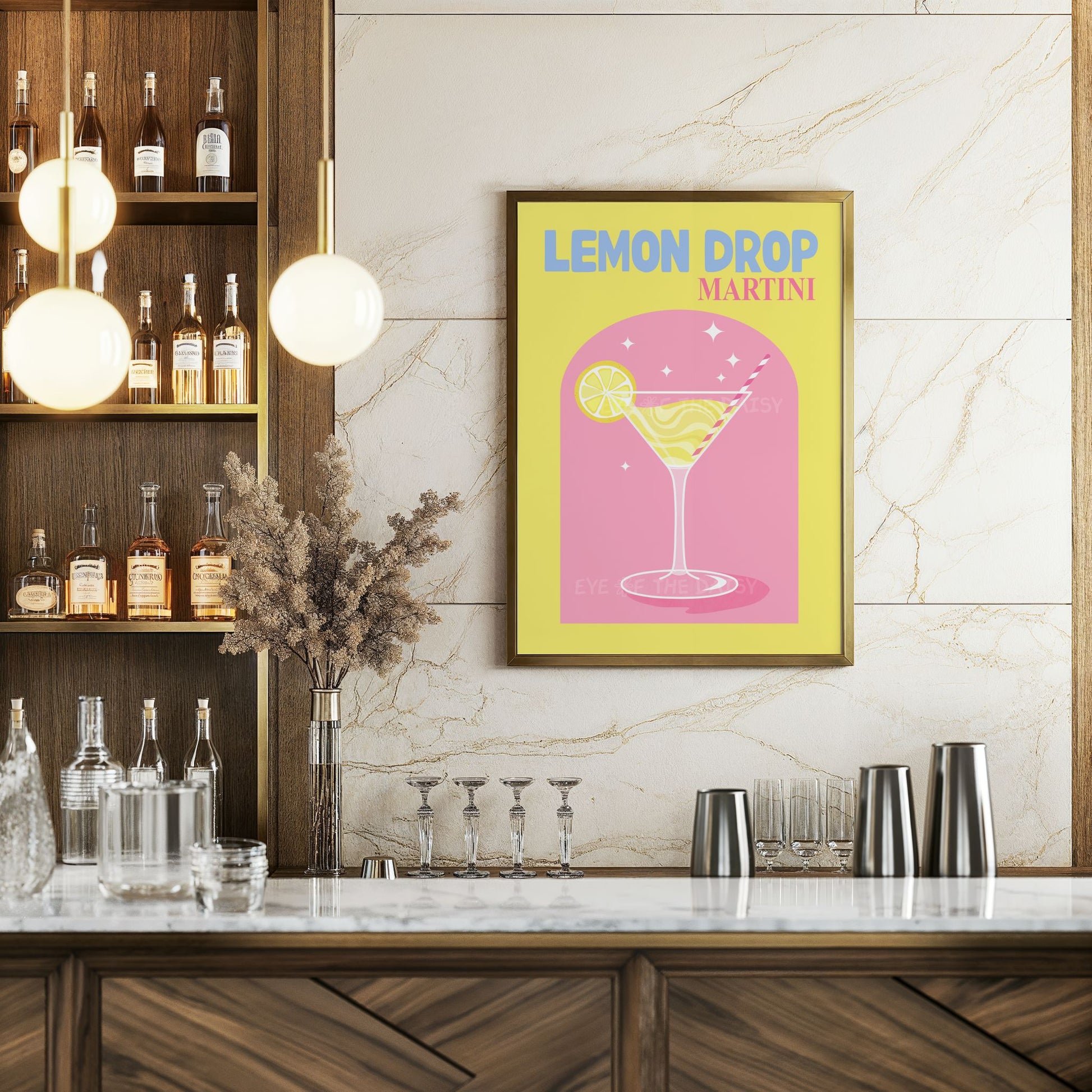 Retro Lemon Drop Martini wall art, cute digital cocktail print download for colorful bar cart or boho home bar area