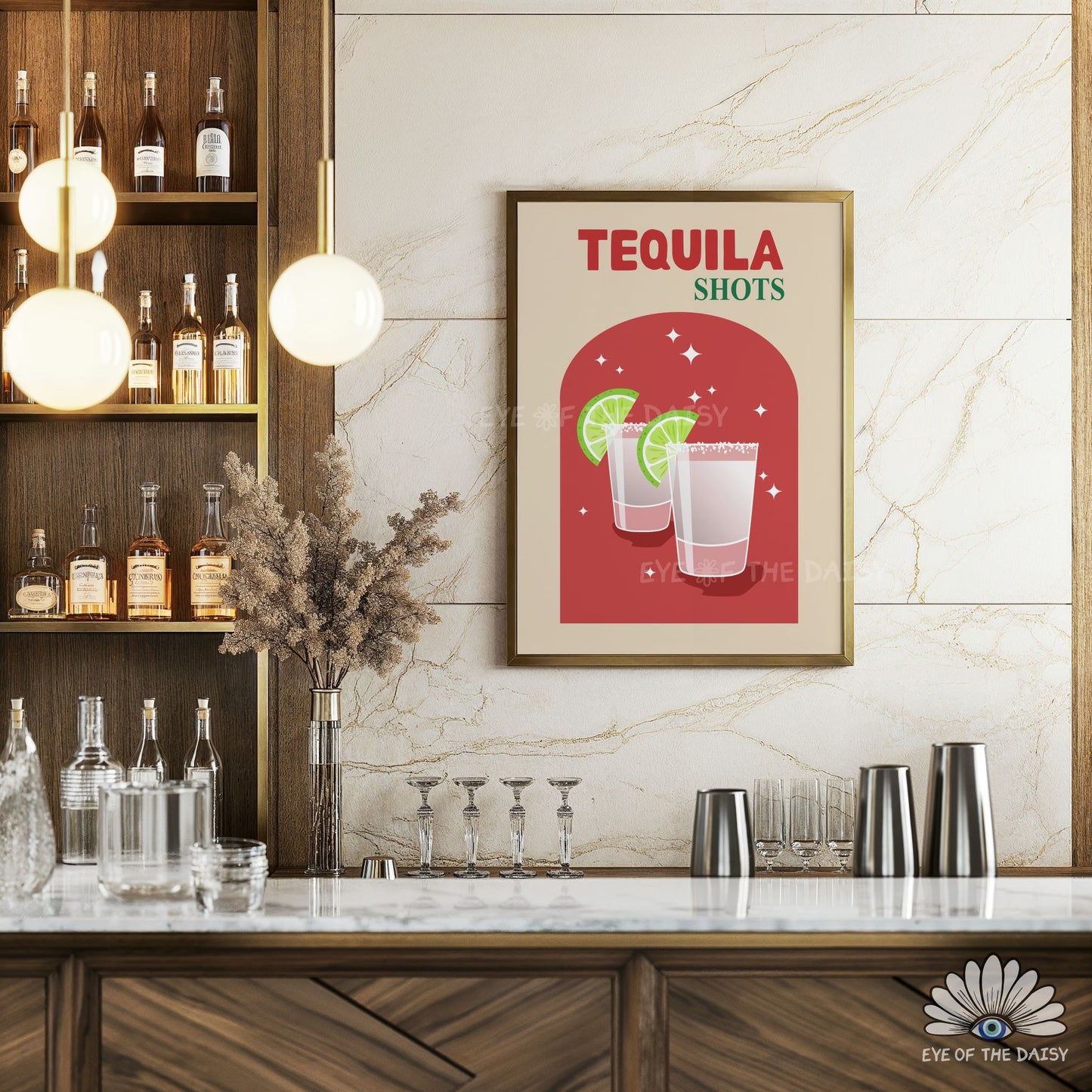 vibrant Tequila Shots drink print beige and dark red retro style artwork for trendy home bar sign, hand drawn no AI