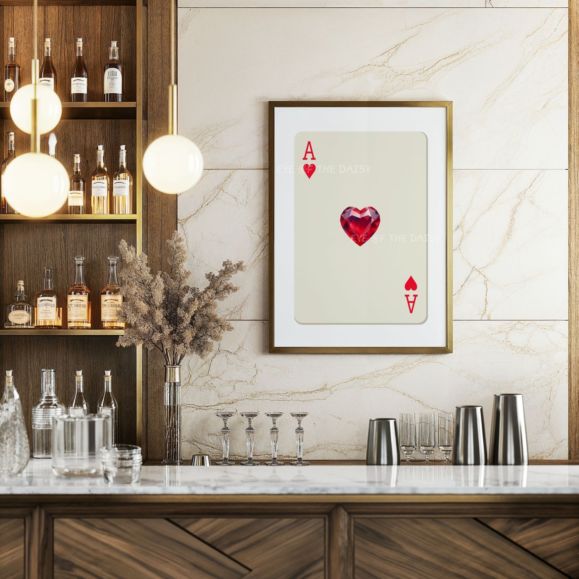 Quirky Ace of Hearts wall art print — red and beige heart jewel digital download, fun printable decor for home bars or cocktail cart walls