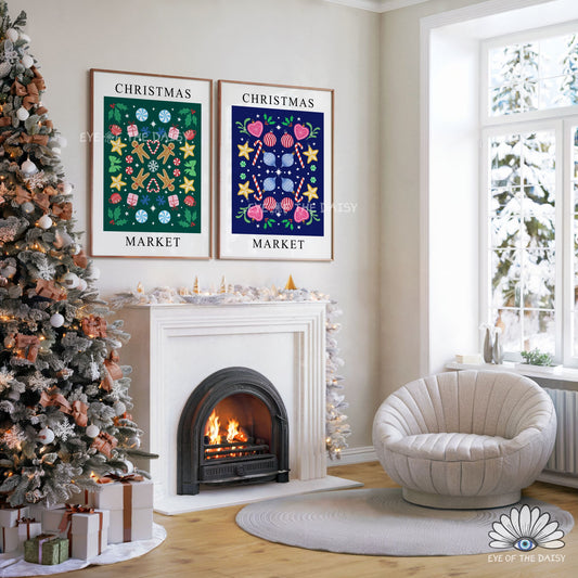 Christmas Market Digital Print Set of 2 | Nordic Folk Art Holiday Printable Wall Art Set