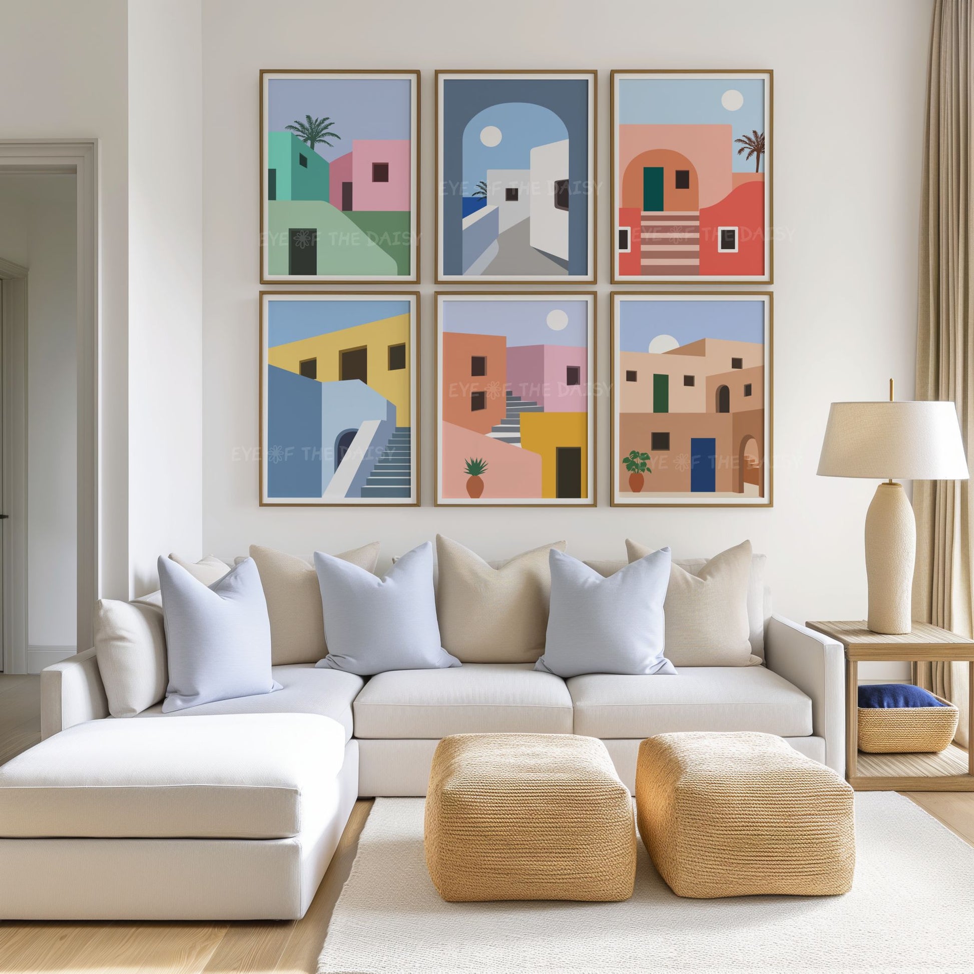 Bright architecture art print set of 6, modern gallery wall decor, printable wall art download for contemporary living room styling