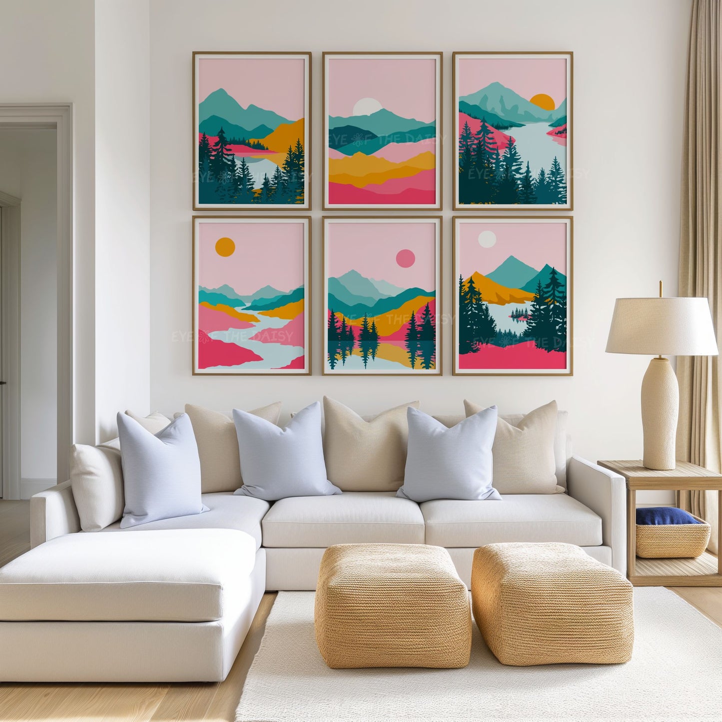 Retro landscape print set of 6 – colourful modern wall art in vibrant pink and teal, downloadable gallery decor for funky living room