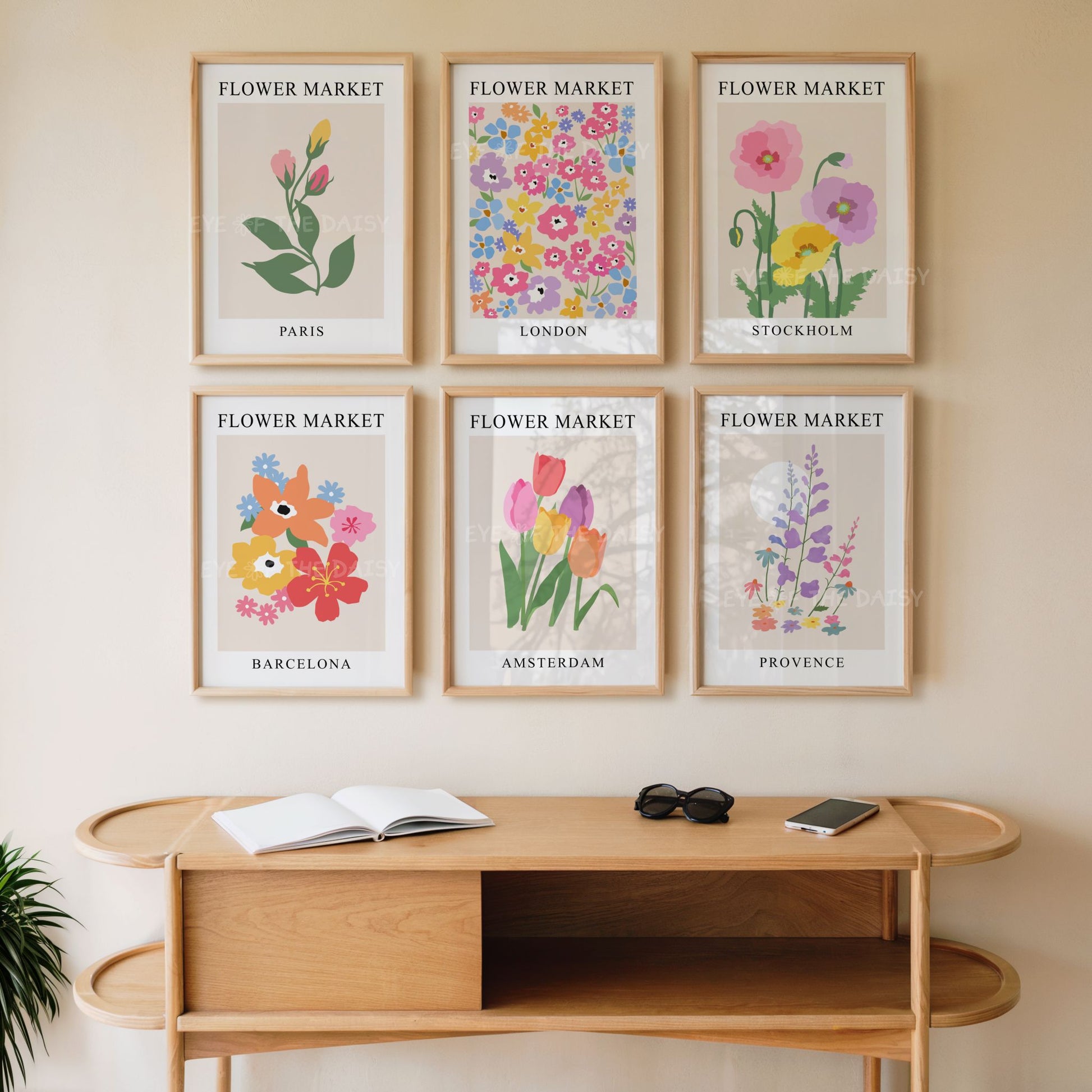 Six piece Scandinavian Flower Market wall art set of abstract botanical designs and city names Paris, London, Stockholm, Barcelona, Amsterdam & Provence